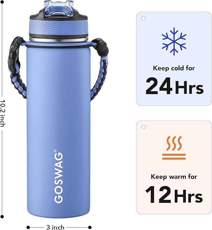 GOSWAG Insulated Sports Water Bottle, 24oz 2 Lids, Stainless Steel Water Bottles - Image 2
