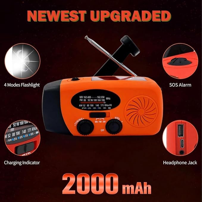 7400mWh Weather Emergency Radio, Portable Solar AM/FM/NOAA Hand Crank Radio - Image 3