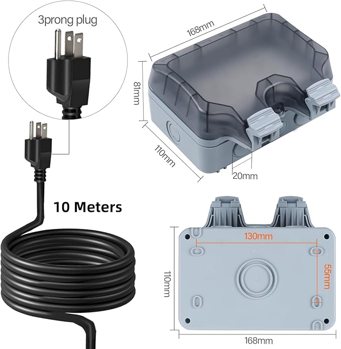 Outdoor Power Outlet Box with 32.8Ft Extension Cord, NEMA 5-15R, STW 14 AWG - Image 2