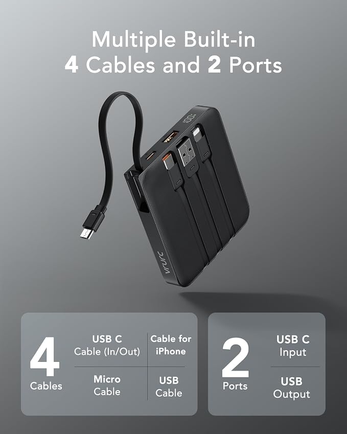 VRURC Portable Charger with Built-in Cable, 10000mAh 22.5W Fast Charging USB C - Image 2