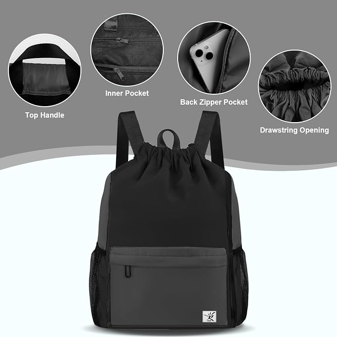Drawstring Backpack with Mesh Pockets String Gym Bag Sackpack Sandproof Water - Image 4