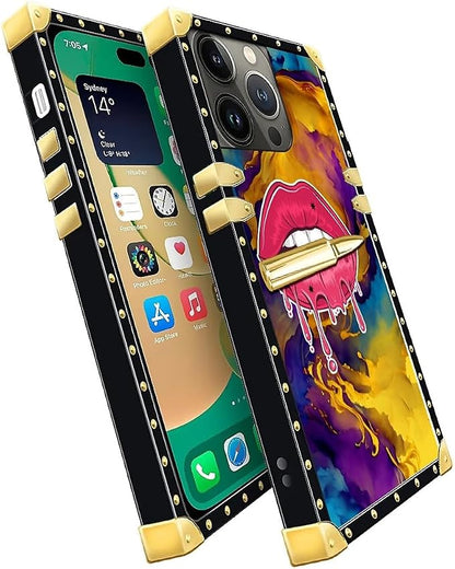 Compatible with iPhone 14 Pro Max Case, Cool Corlorful Lip Marble Luxury Golden - Image 3
