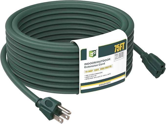 EP 75FT Green Outdoor Extension Cord, 16/3 SJTW Heavy Duty Waterproof, 3 Prong by ENERGYPRO