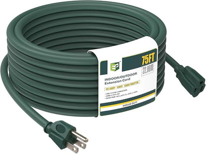 EP 75FT Green Outdoor Extension Cord, 16/3 SJTW Heavy Duty Waterproof, 3 Prong by ENERGYPRO