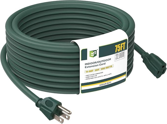 EP 75FT Green Outdoor Extension Cord, 16/3 SJTW Heavy Duty Waterproof, 3 Prong by ENERGYPRO