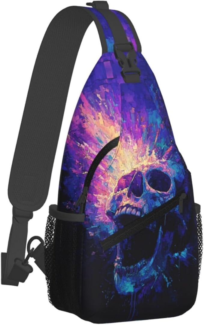 Trippy Skull Sling Bag Crossbody Travel Hiking Chest Backpack Shoulder Daypack - Image 2