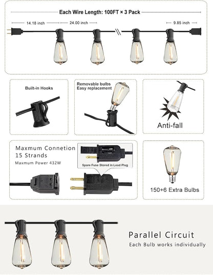 DAMAING String Lights for Outside 300FT shatterproof connectable Patio Lights - Image 6