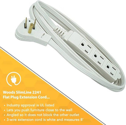 Woods SlimLine Indoor Flat Extension Cord, 8 Ft, 16 Gauge Right Angle Plug - Image 4