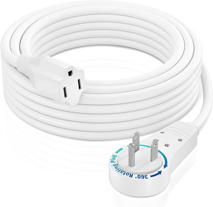 Maximm Extension Cord 15 Foot White Flat Plug, 360° Rotating Short Power Cord by MaximmCable