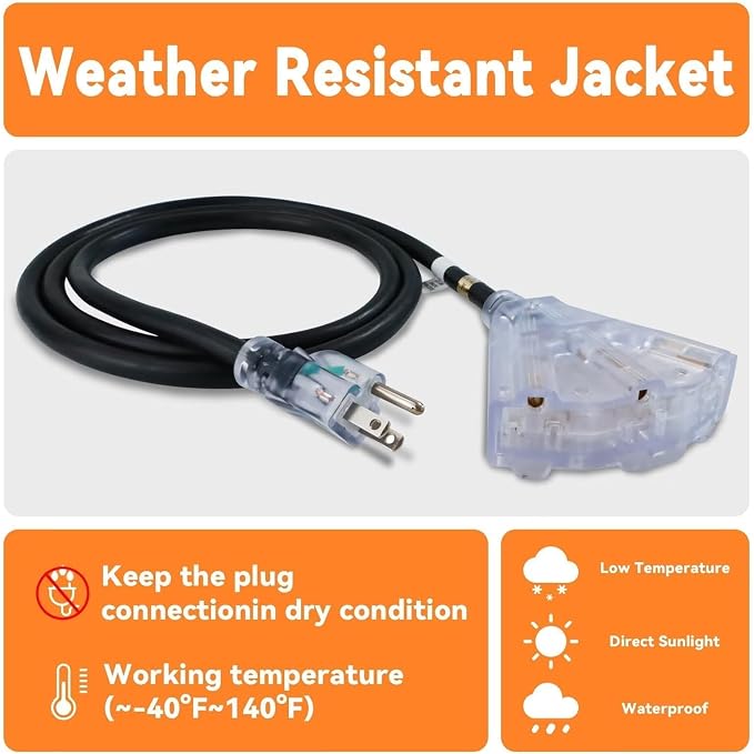EP 6 Ft 12 Gauge Heavy Duty Extension Cord, 15A 125V 1875W, 3 Outlet - Image 5