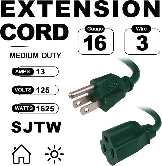 EP 6FT Green Outdoor Extension Cord, 16/3 SJTW Heavy Duty Waterproof, 3 Prong - Image 2