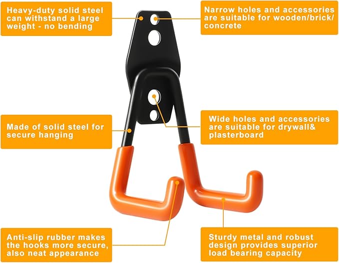 KURUI Heavy Duty Wall Hook for Hanging, 2 Pack Garage Tool Organizer Wall Mount - Image 4