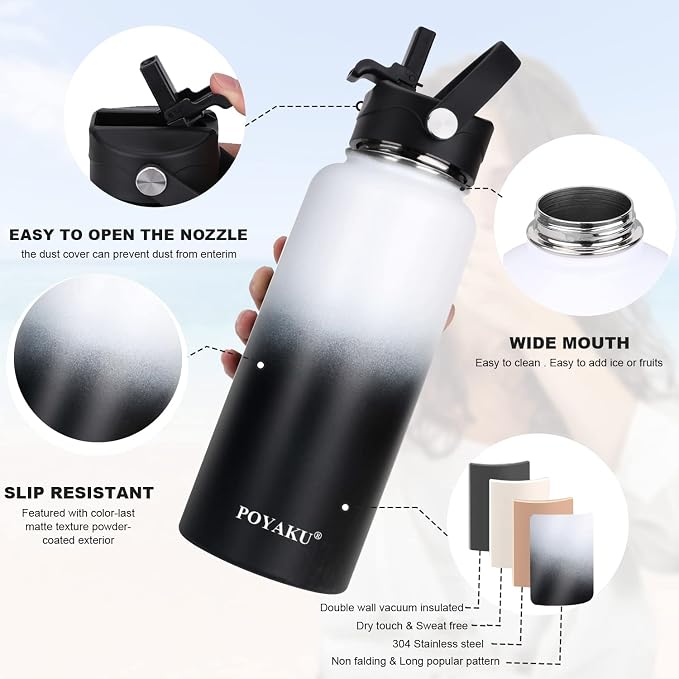 Water Bottle Insulated 32oz 40oz 64oz 128oz Straw Lid Spout Lid & 3 Lids - Image 4