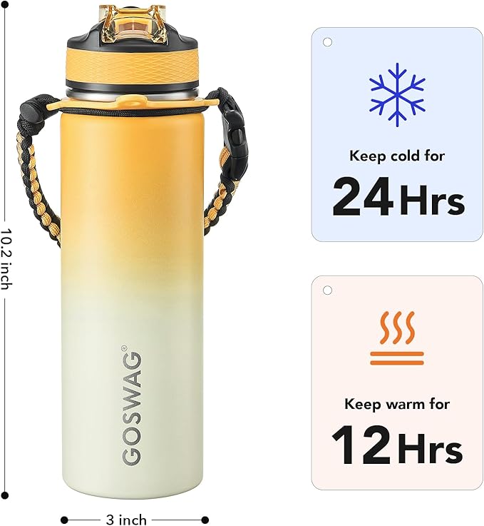 GOSWAG Insulated Sports Water Bottle, 24oz 2 Lids, Stainless Steel Water Bottles - Image 2