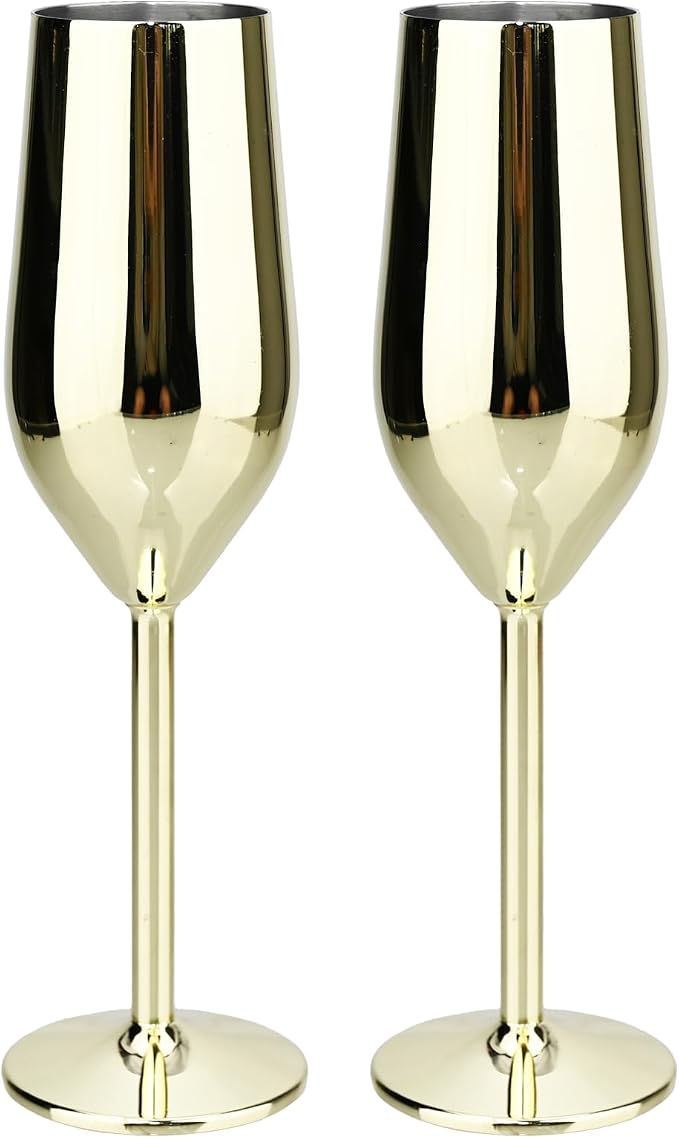 TJ Unbreakable 8 Oz Stainless Steel Champagne Flutes- Gold Champagne Glasses by TJ
