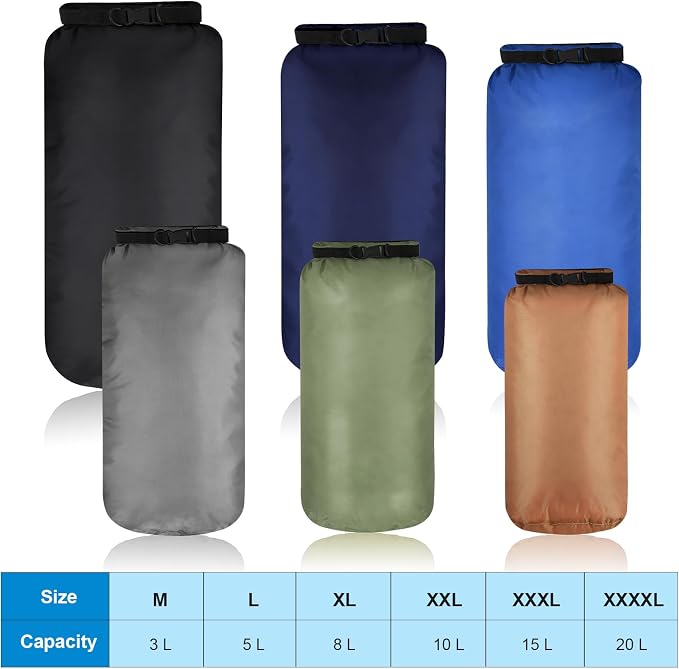 Shappy 6 Pcs Waterproof Dry Bag Set Ultralight Stuff Sack 20/15/10/8/5/3L - Image 4