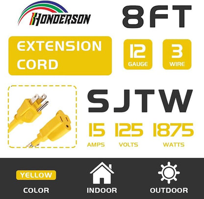Indoor/Outdoor Extension Cord, 12 Gauge 8FT Yellow, 3 Prong Heavy Duty - Image 2