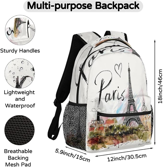 Backpacks France Paris Eiffel Tower House School Bag Student Bookbag Adjustable - Image 2