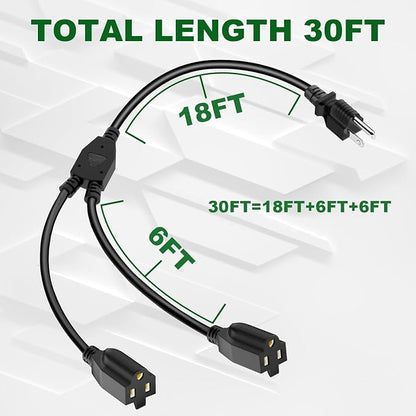 2 Way Power Extension Cord Splitter 30 Ft Total-3 Prong 1 to 2 Extension Cord - Image 2