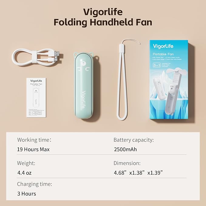 Mini Handheld Fan, USB Rechargeable 3 IN 1 Personal Cooler Fans - Image 9