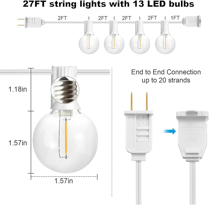 SUNTHIN Outdoor White String Lights, 27FT White Patio Lights - Image 2