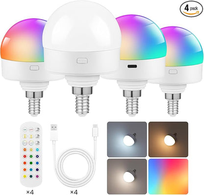 Rechargeable Light Bulbs with Remote Control, 4 Packs E12 Battery Operated by GOEBLESON