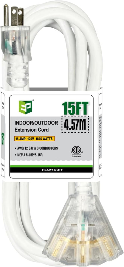 EP 15FT 12 Gauge Heavy Duty Extension Cord, 15A 125V 1875W, 3 Outlet by ENERGYPRO