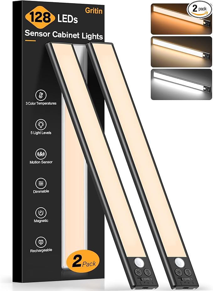 Gritin 14.7inch Under Cabinet Lighting Rechargeable 2 Pack- 3 Color Temps&5 by Gritin