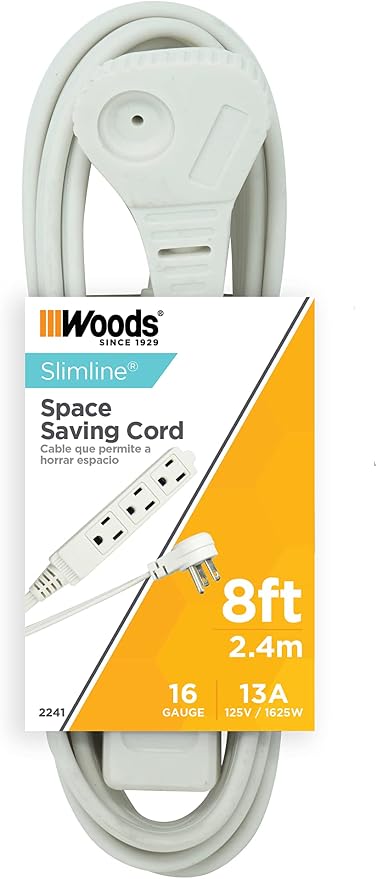 Woods SlimLine Indoor Flat Extension Cord, 8 Ft, 16 Gauge Right Angle Plug - Image 3