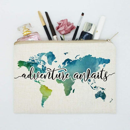 Travel Bag Adventure Awaits Makeup Case Cosmetic Bag Nature Linen World Map - Image 3
