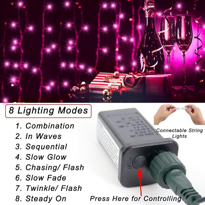 66 ft 200 LED Pink String Lights, Indoor Outdoor Connectable 8 Modes Clear Wire - Image 2