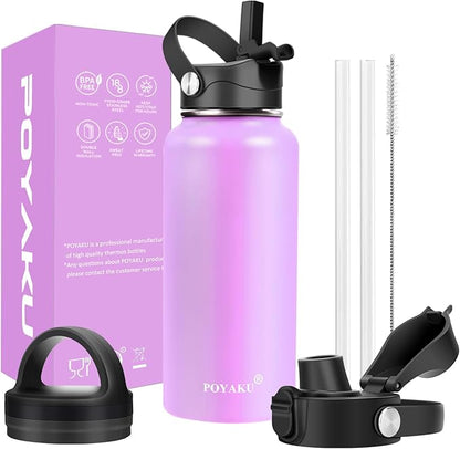 Water Bottle Insulated 32oz 40oz 64oz 128oz Straw Lid Spout Lid & 3 Lids by POYAKU