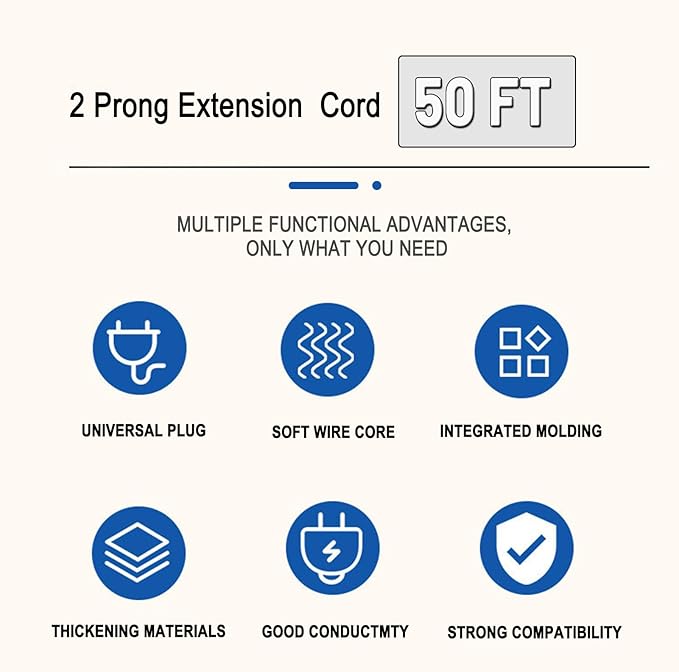 50 ft Extension Cord, 2 Prong Indoor Power Cord, 18AWG SPT-2 Flat Cord Design - Image 2