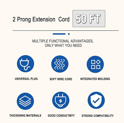 50 ft Extension Cord, 2 Prong Indoor Power Cord, 18AWG SPT-2 Flat Cord Design - Image 2
