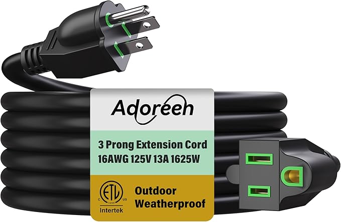 Adoreen Outdoor Power Extension Cord 25 Ft, 3 Prong 16 AWG Grounded Wire Heavy by Adoreen