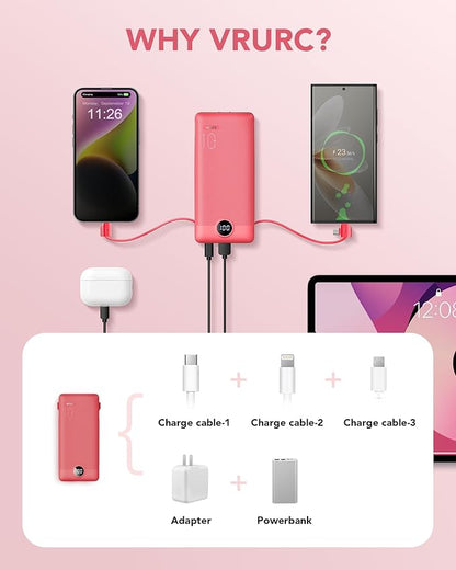 Portable Charger Built-in Cables and AC Wall Plug, VRURC USB C Power Bank - Image 4