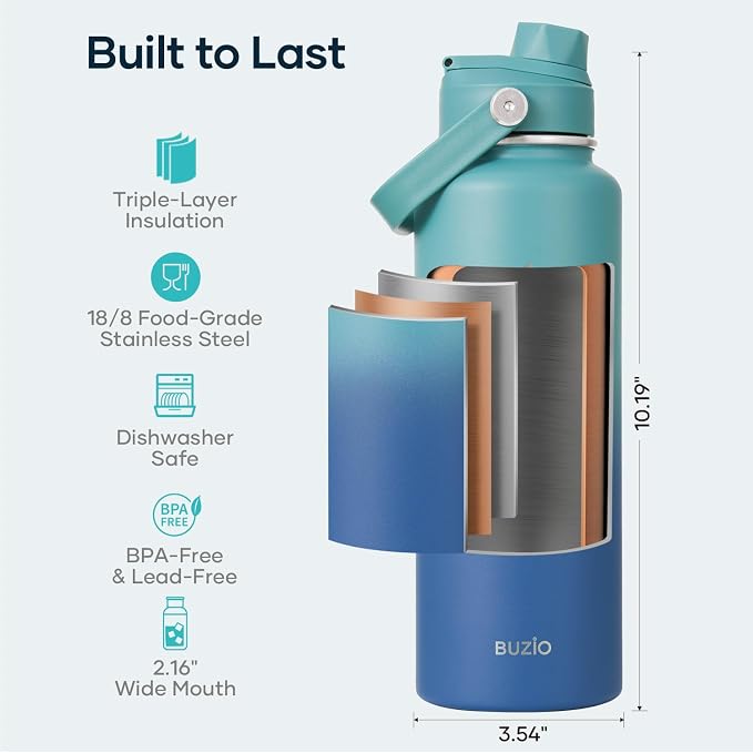 BUZIO 40 oz Insulated Water Bottle, Triple Wall Vacuum Stainless Steel Water - Image 4