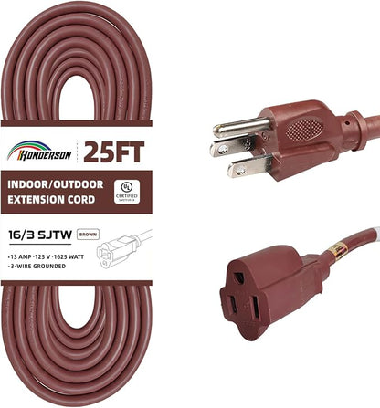 25FT Brown Outdoor Extension Cord-16/3 SJTW Durable Extension Cord by HONDERSON