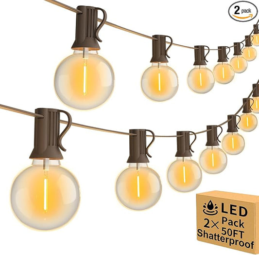 100ft 2-Pack Outdoor String Lights, Dimmable G40 LED String Lights by Arbrac
