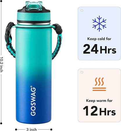 GOSWAG Insulated Sports Water Bottle, 24oz 2 Lids, Stainless Steel Water Bottles - Image 2