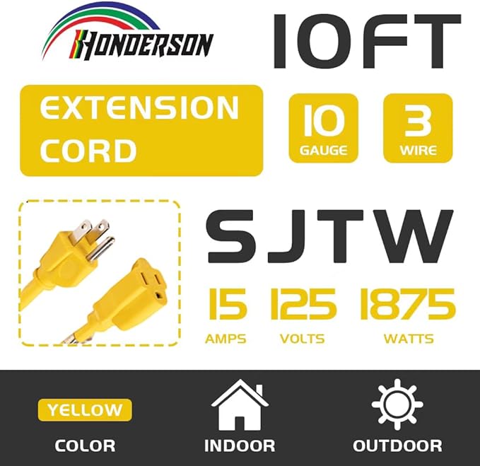 Indoor Outdoor Extension Cord Weatherproof, UL Certified, 10 Gauge 10FT Yellow - Image 2