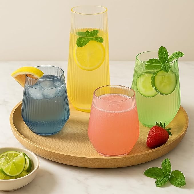 Oojami 48 Pack Ribbed Origami Ripple Plastic Glasses, 24 Stemless 9oz Champagne - Image 4