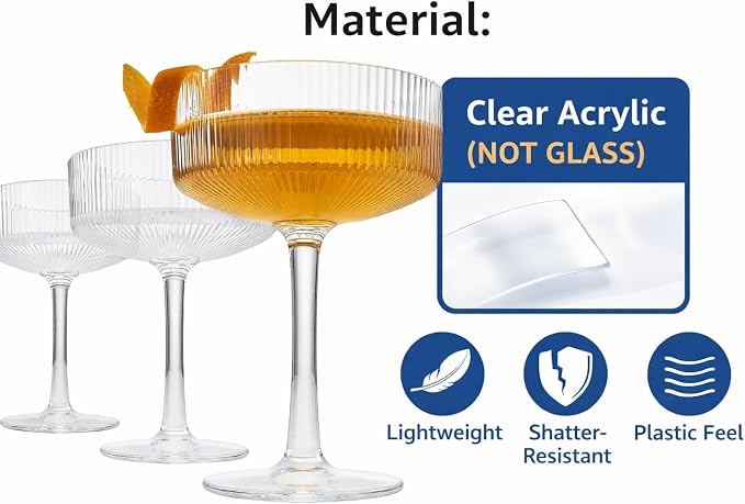ACRYLIC Ribbed Coupe Glasses Set of 2 – 8oz Clear Shatterproof Acrylic Cocktail - Image 3