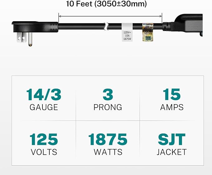 FIRMERST 1875W 14 Gauge Flat Plug Extension Cord 10 ft 15A Black - Image 3