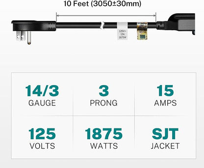 FIRMERST 1875W 14 Gauge Flat Plug Extension Cord 10 ft 15A Black - Image 3