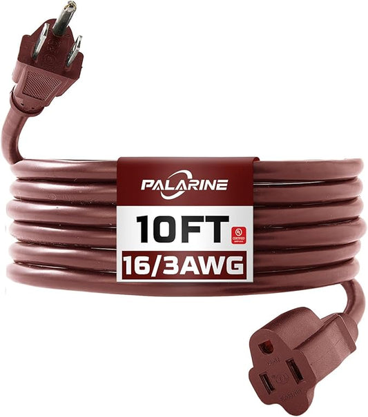 10ft Brown Outdoor Extension Cord Waterproof, UL Listed, 16/3 SJTW Heavy Duty 3 by PALARINE