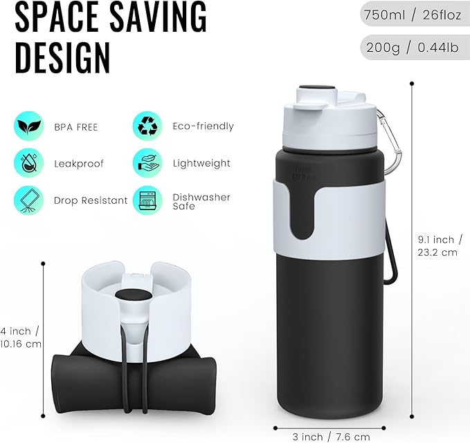 Nefeeko Collapsible Water Bottle, BPA Free 26oz Foldable Water Bottle - Image 2