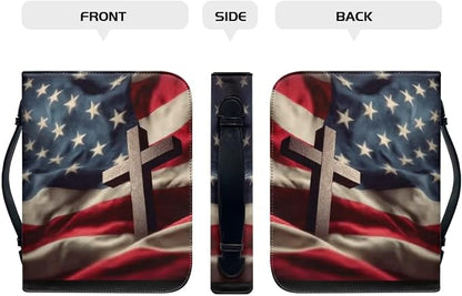 Medium Bible Cover Case for Women Men American Flag and Cross PU Leather Bible - Image 2