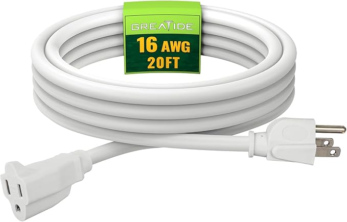 Indoor Outdoor Extension Cord 20 FT, 16/3 SJTW Weatherproof White Electrical by GREATIDE