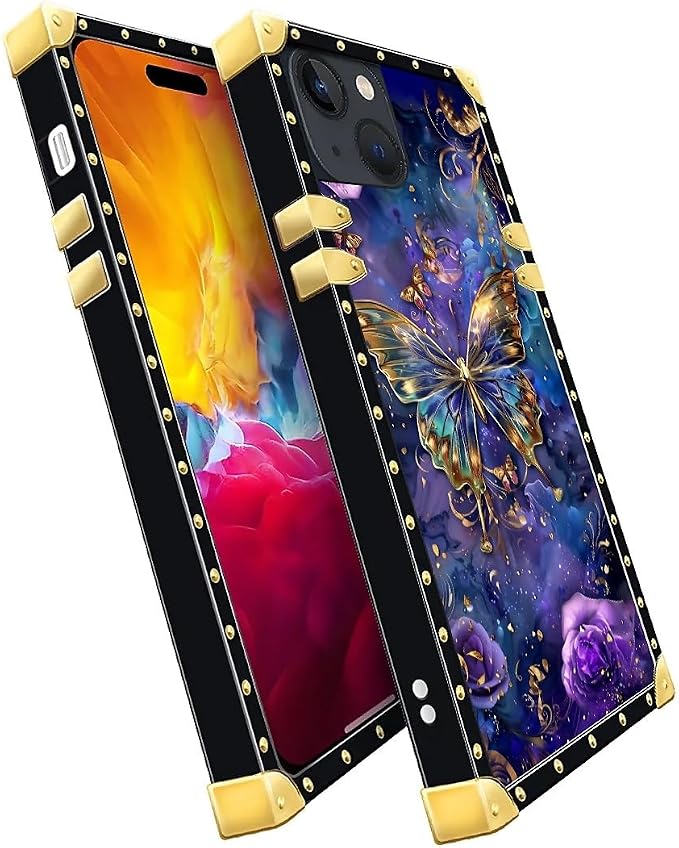Compatible with iPhone 15 Case, Glistening Golden Butterfly Vibrant Purple Blue - Image 3